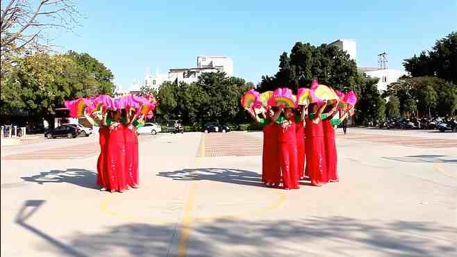 蝶舞芳香广场舞欢聚一团-美美的双扇舞14人变队形