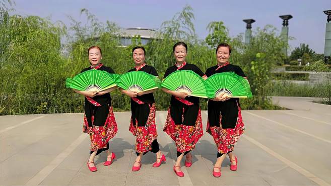 康乃馨广场舞没有共产党就没有新中国-优美扇子舞新颖豪迈又大气